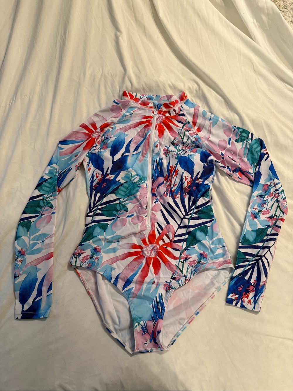 NWOT Floral Long-Sleeve Zip Front Rash Guard Swimsuit - Multicolor